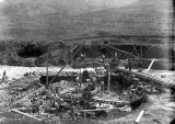 Early construction of the Masonry Dam, showing the inside of the coffer dam. c.1897.